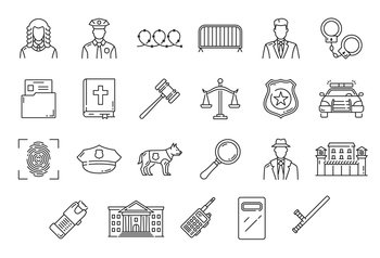 Justice, legal service, police, court, law and lawyer outline icons. Isolated vector judge, gavel and attorney, law book, lawsuit document, justice scales, jail or prison, officer, dog and handcuffs. Justice, legal, police, court, law outline icons