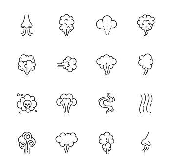 Smell icons, smoke steam and nose smelling odor scent, vapour or vapor, vector line symbols. Bad smell or stinky odour and toxic fume cloud icons with skull, smelly stink gas or smoke steam. Smell icons, smoke steam, nose smelling odor scent