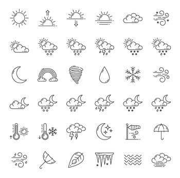 Weather forecast outline icons. Meteorology, temperature, climate, UV pictograms, meteorology precipitation line symbols or meteo forecast outline vector icons. Sunny, rainy and windy weather signs. Weather forecast, meteorology outline icons set
