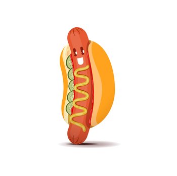 Cartoon hot dog fast food character, isolated vector hotdog street junk meal personage with sausage, mustard and cucumbers. Bistro, restaurant or takeaway cafe meal character. Cartoon hot dog fast food character, vector