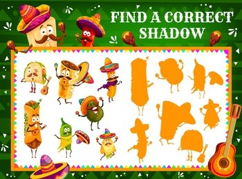 Find correct shadow of cartoon mexican tacos, avocado and enchiladas , burrito and nachos, churros and jalapeno characters. Kids find shadow game or riddle vector worksheet with matching activity. Find correct shadow kids game with mexican food