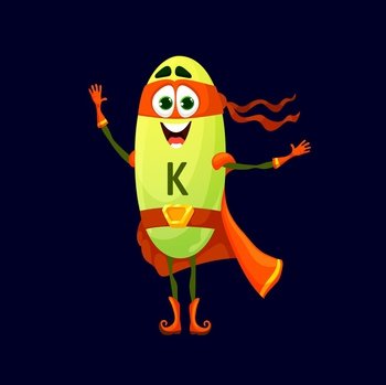 Cartoon potassium kalium superhero micronutrient character. Isolated vector funny K fairytale nutrient personage. Mineral bubble defender in red super hero cloak and mask comic food supplement capsule. Cartoon potassium kalium superhero character
