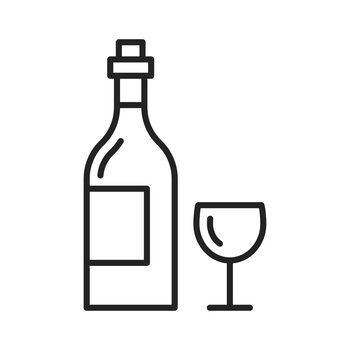 Bottle of wine and glass isolated line art. Vector champagne and glassware. Glass of wine and bottle isolated