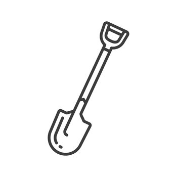 Digging tool isolated shovel spade outline icon. Vector trowel with long handle, farm tool digging, lifting, and moving bulk materials. Small camp spade with handle, building and repair instrument. Shovel isolated gardening tool outline linear icon