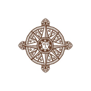 Wind-rose navigation symbol isolated compass with sun in middle. Vector topography instrument with longitude and latitude dial, marine navigation symbol. Orientation and direction pointing object. Rose of wind isolate windrose compass medieval map