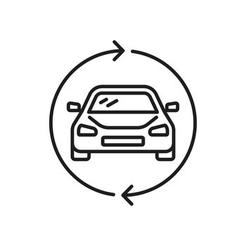 Carpool share, constant using of car share service. Ride-sharing and lift-sharing, carpooling or car-sharing linear icon. Multiple car rent in circling arrows. Circle exchange of cars carpool carsharing service