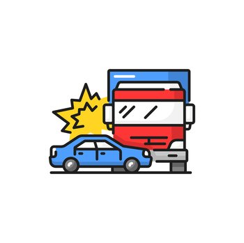 Road collision isolated car and truck trash color line icon. Two smashed vehicles, container van accident crash. Damaged transport, accident on road. Car accident with truck on road, vehicle collision