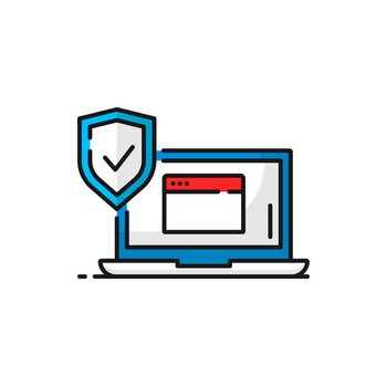 Computer security protect shield isolated color outline icon. Vector internet and data protection, antivirus emblem, information and connection security. Data and information protection, laptop and shield