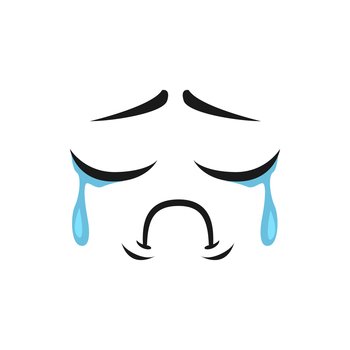 Cartoon crying face with tears dripping from wet closed eyes. Vector upset emoji, dissatisfied facial expression, funny unhappy plaintive or piteous feelings isolated on white background. Cartoon crying face with tears dripping from eyes