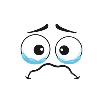 Cartoon crying face emoji with tears in wet round eyes and trembling mouth. Upset vector dissatisfied facial expression, unhappy plaintive or piteous feelings isolated on white background. Cartoon crying face emoji with tears in wet eyes