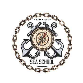 Sea school heraldic vector icon of compass and crossed anchors, nautical and sailing education. Vintage marine wind rose, sail ship or boat anchors in frame of yacht chain isolated round symbol. Sea school heraldic icon, compass, crossed anchors