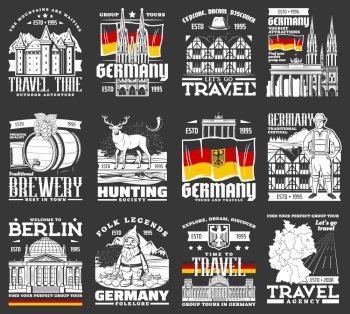 Travel to Germany vector icons, German famous landmarks, sightseeing, touristic attraction. Travel agency isolated labels, european city tours, hunting society and folklore tradition, brewery. Travel to Germany vector icons, German landmarks