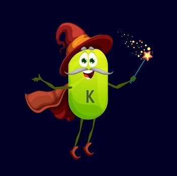 Cartoon potassium kalium micronutrient warlock character. Isolated vector K warlock funny food supplement. Nutrient or element bubble mage, capsule personage wear witch hat, cape holding wand in hand. Cartoon potassium kalium micronutrient warlock