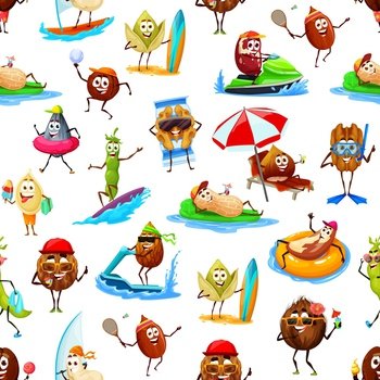 Cartoon nuts and beans on summer vacation seamless pattern. Textile summer print or vector wallpaper with pistachio, macadamia, coconut and almond, walnut, cashew nuts and seeds cheerful characters. Cartoon nuts, beans on vacation seamless pattern