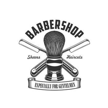 Barbershop shaving brush and razor icon, barber shop haircut salon vector sign. Men beard and mustaches shave and trim studio or hipster and gentlemen barbershop emblem with razor blades. Barbershop shaving brush razor icon, haircut salon
