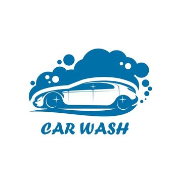Car wash service icon. Automobile interior cleaning and detailing shop vector symbol, carwash service icon or emblem with coupe car silhouette, vehicle shampoo foam bubbles. Car wash, auto interior cleaning service icon