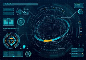 HUD infographic, dashboard panel with space sphere graphs, vector digital interface. HUD technology screen with planet hologram, cyber UI and virtual diagrams with loading bars, data charts on display. HUD infographic, dashboard panel with space sphere