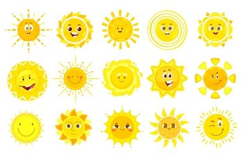 Sun characters, kid cartoon smiles with happy face, sunny weather vector icons. Funny cute sun characters or cheerful sunny emoji and emoticons with expressions, sun shine winking, laughing in smile. Sun characters, kid cartoon smiles with happy face