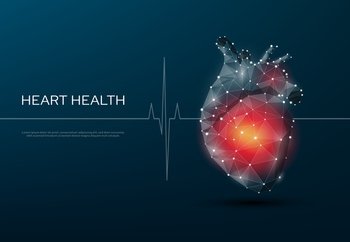 Low poly human heart, cardiology and cardiac health medicine, vector background. 3D geometric polygon heart with pulse and heartbeat, low poly heart organ for healthcare or cardiology medical poster. Low poly human heart, cardiology or cardiac health