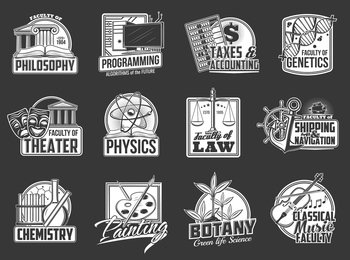 University faculties vector icons philosophy, theater and chemistry, programming, physics and painting. Taxes accounting, law and botany, genetics, shipping and navigation, classical music labels set. University faculties vector icons or labels set