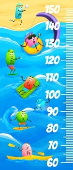 Kids height chart ruler, cartoon vitamin and mineral characters at beach vacations, vector growth meter. Baby tall size measure ruler with zinc kitesurfing, potassium on surfboard and iron on kayak. Kids height chart ruler, cartoon vitamins at beach