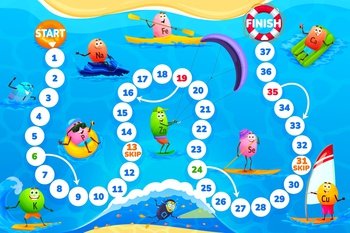 Kids step board game, cartoon vitamin and mineral characters on beach vacations, vector tabletop. Dice race step game or start and finish kids quiz with micronutrients natrium, calcium and iron pills. Kids step board game, cartoon minerals at beach
