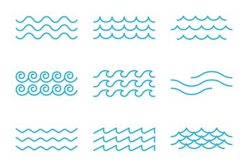 Outline sea and ocean surf wave icons, blue water or marine tide pattern, vector borders and frames. Blue water wave ripples and tidal curves or curls of flowing aqua, marine wavy ripple line frames. Outline sea or ocean surf wave icons, tide pattern