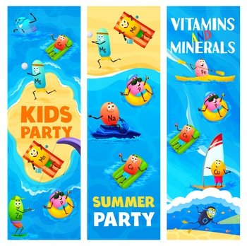 Cartoon vitamin and mineral characters on beach vacations, vector banners. Micronutrients on summer holidays at sea, iodine swimming, iron pill on kayak and natrium with potassium on jet ski scooter. Cartoon vitamin and mineral characters on beach