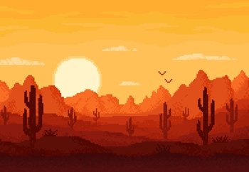 8bit pixel desert landscape, arcade game level vector background with mountains and sunset. 8 bit pixel art game cartoon landscape of Arizona or Texas desert with canyon rocks, cactus, birds and sun. 8bit pixel desert landscape, arcade game level
