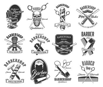Barbershop, shave and hairdresser vector icons and symbols. Man haircut hipster labels. Barber shop hairdresser gentlemen head, beard and mustaches, shaving razor blade, scissors and barbershop pole. Barbershop, shave and hairdresser icons