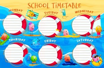 School timetable schedule, cartoon vitamin and mineral characters on beach vacations, vector education plan. Kids school timetable or lessons schedule with micronutrients calcium, iron and natrium. School timetable schedule, cartoon vitamins, beach