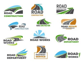 Road construction and repair service icons. Highway asphalt repair sign with winding pathway roadside lawn, driveway turn, sky and horizon. Road works department vector symbols. Road construction and repair service icons