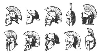 Helmets of spartan, roman and greek warriors or gladiators, vector, trojan or Sparta soldier head armor icons. Centurion helmets of medieval knight, spartan and roman gladiator armour helmets. Helmets of spartan, soman warriors and gladiators