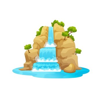 Mountain waterfall stream, isolated cartoon water cascade. Falling from cliff water cascade, tropical nature scene background. Island waterfall vector game asset with forest trees on cliff. Mountain river waterfall, cartoon water cascade