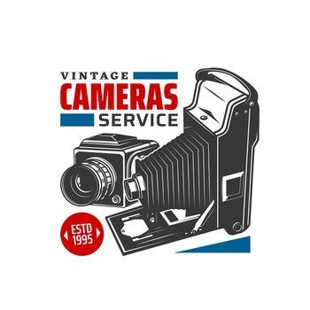 Vintage camera service icon, photography studio and photographer equipment shop vector sign. Old retro photo camera with flash or shutter and film, professional service and repair salon. Vintage camera service icon, photography studio