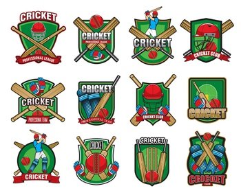 Cricket sport game icons. Players, helmet, ball and bat, protective gear pads. Cricket game competition vector symbols, sport tournament and championship badge, cricket league team icons. Cricket sport game icons with player, bat and ball