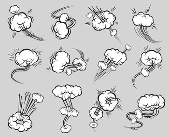 Comic speed motion bubbles. Speed trails. Takeoff burst air trace or smoke cloud, speed fly vector motion effects or gas trail, pow and movement graphic doodles and bubbles. Comic speed motion bubbles, fly or jump air trails