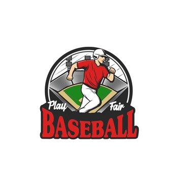 Baseball sport icon with runner player, softball team vector emblem. Baseball league badge with champion catcher or pitcher on arena, baseball tournament or championship game. Baseball or softball championship and team emblem