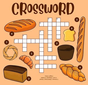 Bread and bakery crossword worksheet. Find a word vector quiz game grid with wheat food, kids education puzzle of baguette, croissant, bread loaf and bagel, challah and toast, fill in squares game. Bread, bakery crossword worksheet, find word game