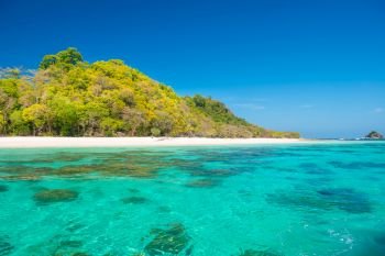 Beautiful landscape of transparent blue sea water and tropical island with beach