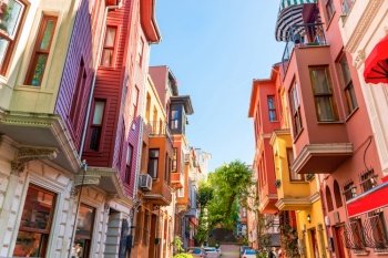 Colorful houses street architecture in Icadie street, Kuzguncuk, Istanbul, Turkey
