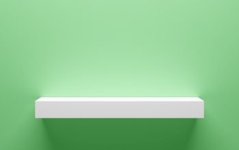 empty white shelf on green wall with light from the top. 3d illustration