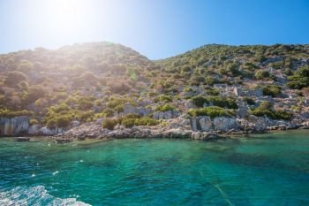 Sea, near ruins of the ancient city on the Kekova island, Turkey. ancient city on the Kekova