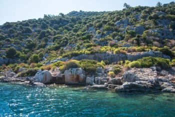 Sea, near ruins of the ancient city on the Kekova island, Turkey. ancient city on the Kekova