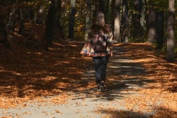 A Young Girl With A Backpack Is Walking Through Autumn Forest