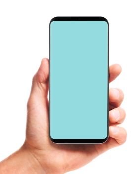 male hand holding bezel-less smartphone with blank screen, isolated on white background . Screen is cut out with path. hand holding bezel-less smartphone