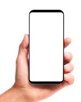 male hand holding bezel-less smartphone with blank screen, isolated on white background . Screen is cut out with path. hand holding bezel-less smartphone