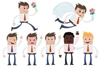 Set Cartoon businessmen in different poses and emotions. Businessmen in anger, with a smile, with wings and flowers. Element of business design. Vector illustration