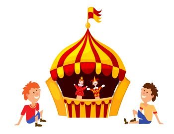 Bright a puppet theater on a white background. Vector illustration of a puppet theater with 
open scenes, dolls and small spectators. Cartoon style. Stock vector