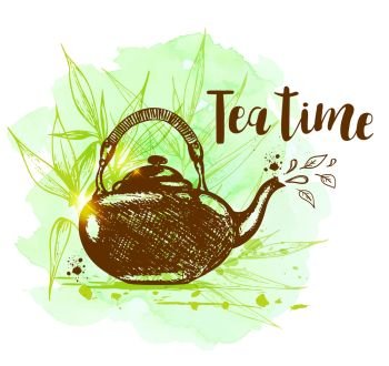 Teapot and bamboo branch on a green watercolor background in vintage style. Tea time lettering